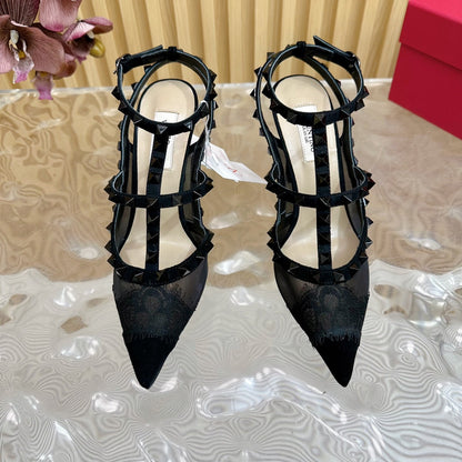 Rockstud Metallic Ankle Strap Pump 95mm Black Lambskin And Lace Fabric 102091