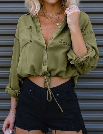 Trendy Polo Collar Long Sleeve Drawstring Shirt