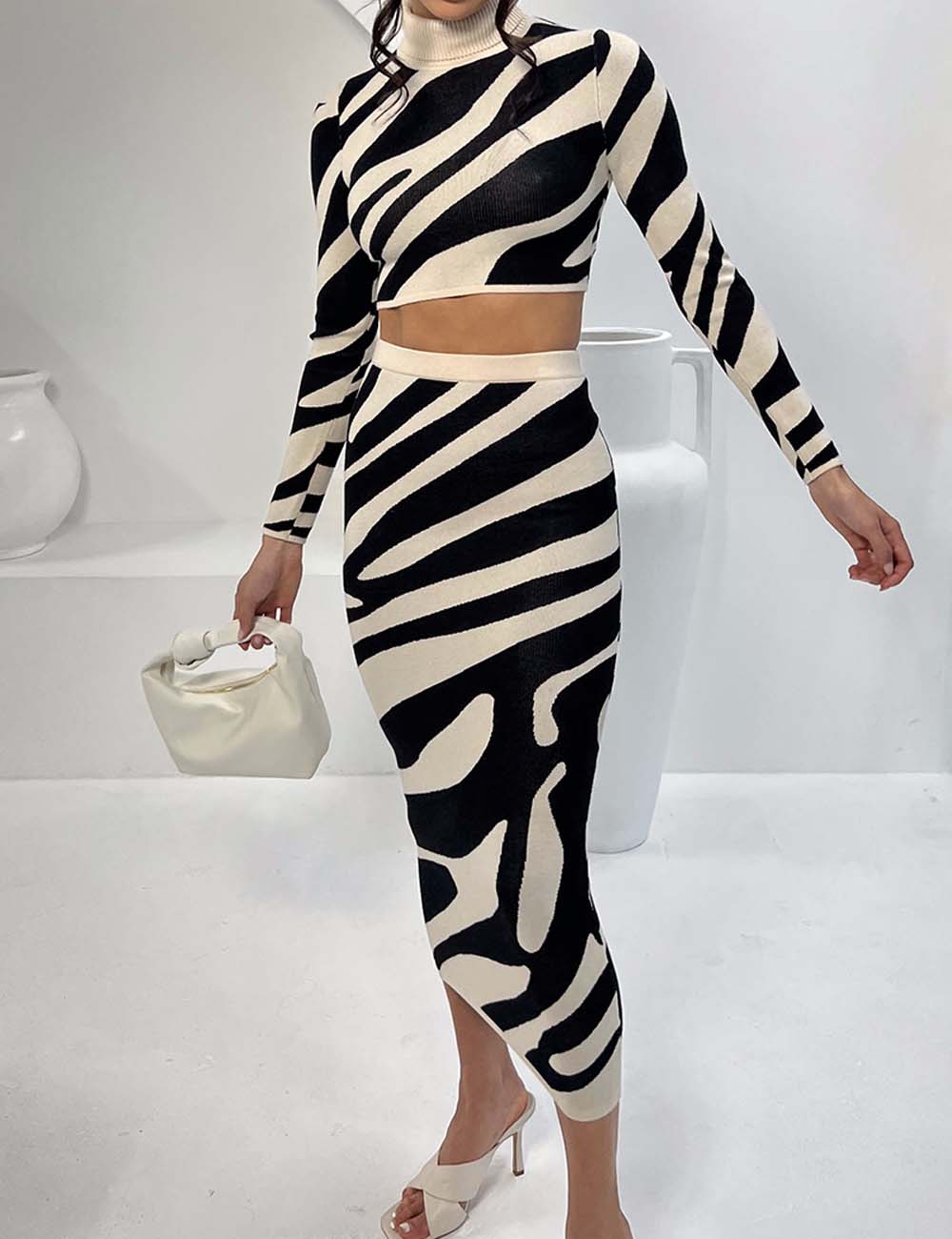 2 Pcs Fall Striped Long Sleeve Bodycon Maxi Skirt