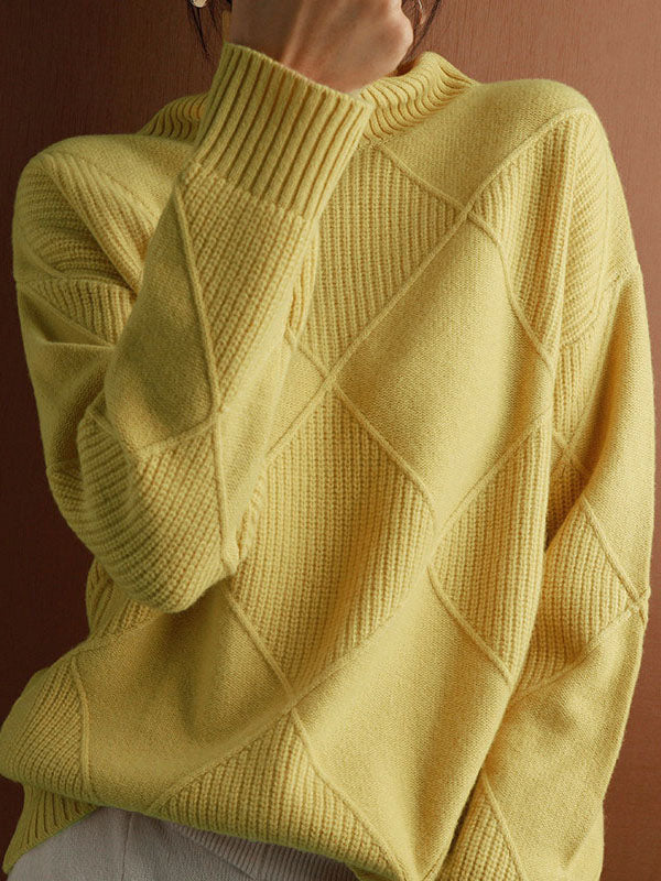 Loose Jacquard Solid Color High-Neck Sweater Tops