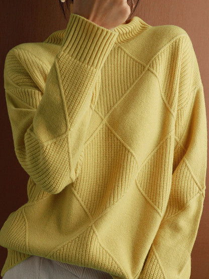 Loose Jacquard Solid Color High-Neck Sweater Tops