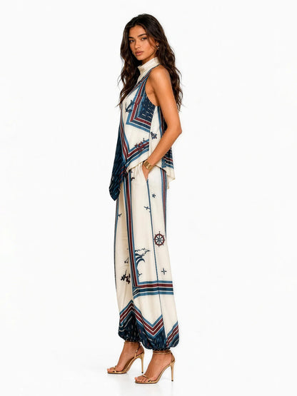 Hazel Vintage Print Halter Wide-Leg Pants Set