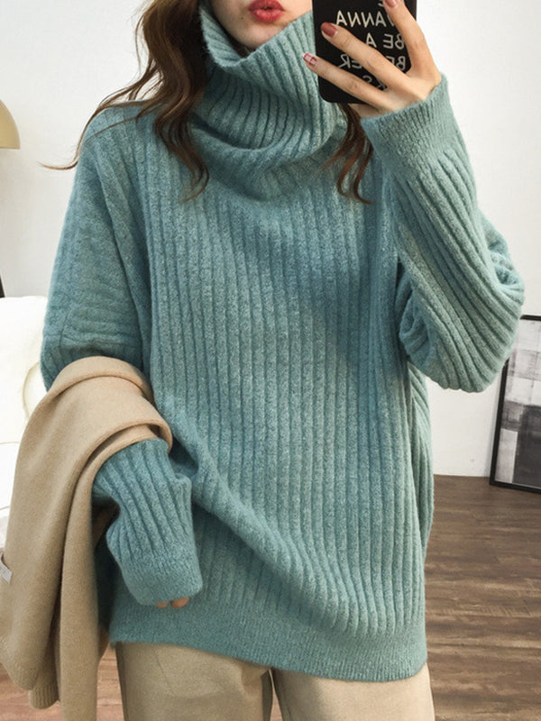 Casual Long Sleeves Loose Solid Color High-Neck Sweater Tops
