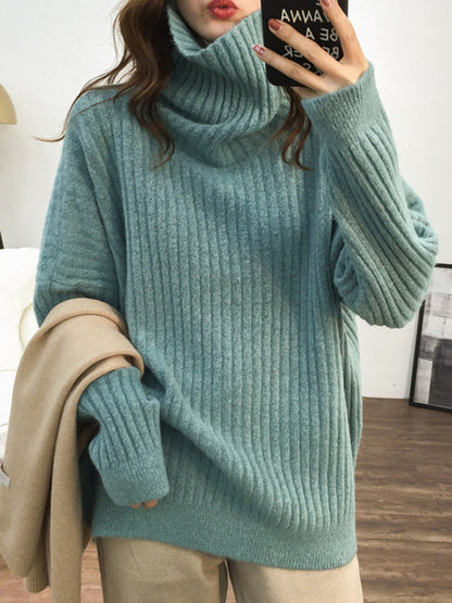 Casual Long Sleeves Loose Solid Color High-Neck Sweater Tops