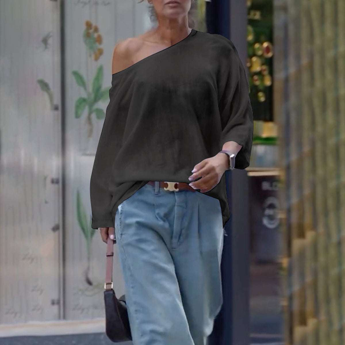 Long Sleeves Loose Solid Color One-Shoulder T-Shirts Tops