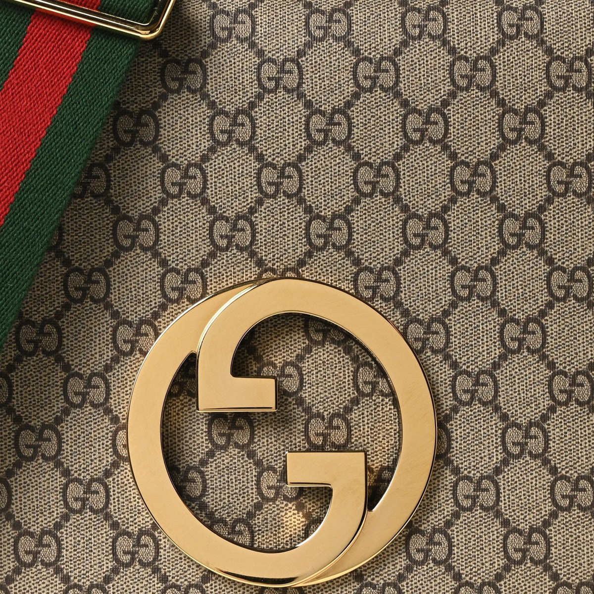 GG Supreme Monogram Textured Dollar Calfskin Web Medium Blondie Shoulder Flap Bag Beige Ebony New Acero