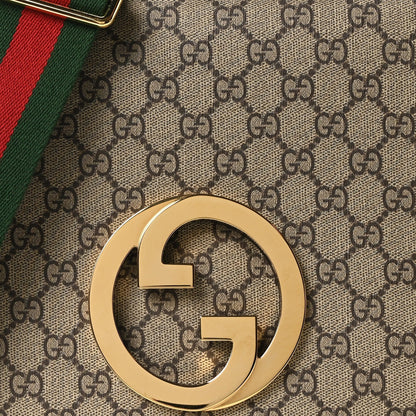 GG Supreme Monogram Textured Dollar Calfskin Web Medium Blondie Shoulder Flap Bag Beige Ebony New Acero