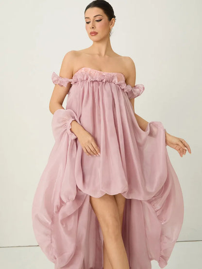 Calliope Pink Off Shoulder High Low Ruffle Maxi Dress