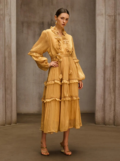 Vivienne Tiered Floral-Appliqué Chiffon Midi Dress