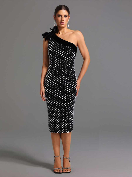 Calla One Shoulder Flower Diamond Pearls Midi Dress