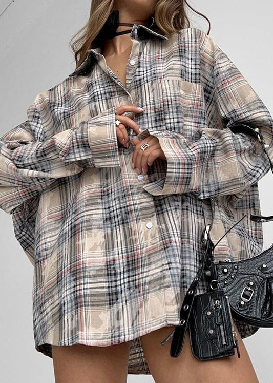 Loose Distressed Plaid Shirt In Grey Cotton