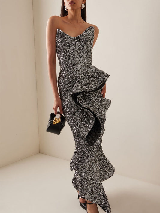 Isadora Strapless Sequin & Ruffle Midi Dress