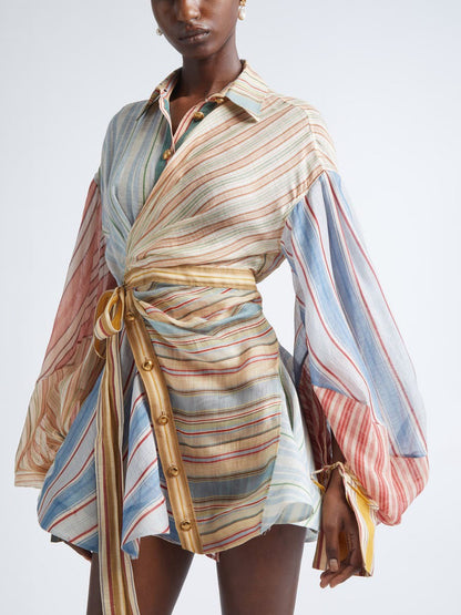 Piper Asymmetric Stripe Long Sleeve Linen & Silk Shirtdress