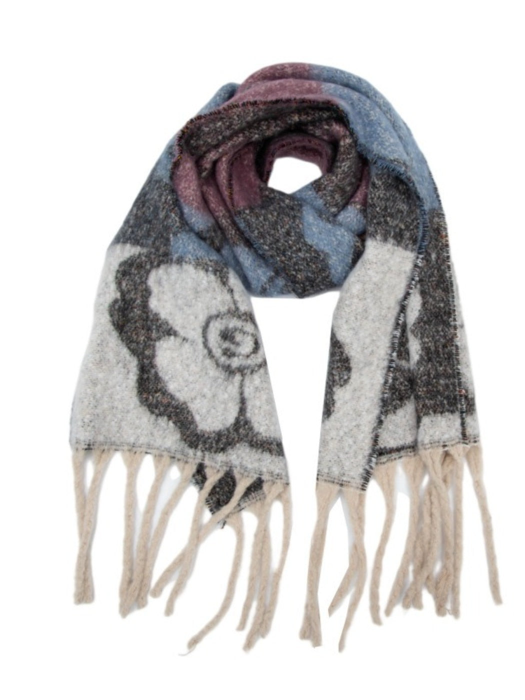 Scarvii - Retro Color-Block Fringe Scarf with Floral &amp; Leaf Patterns