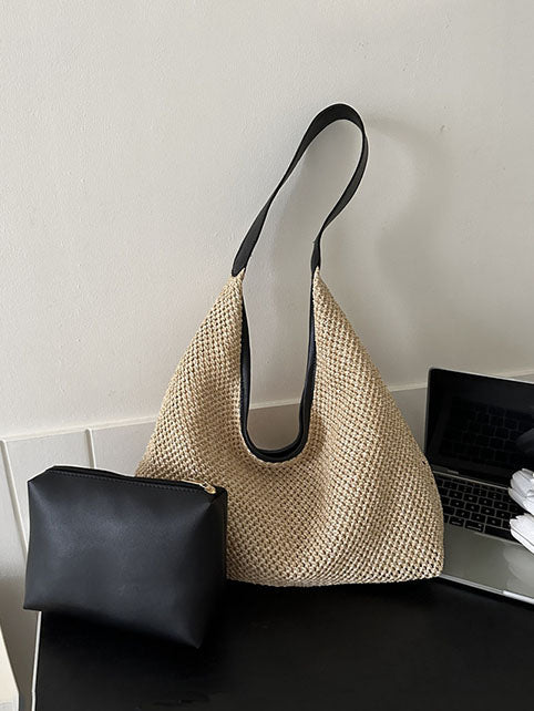 Woven Straw Beach Bag With Black Leather Trim