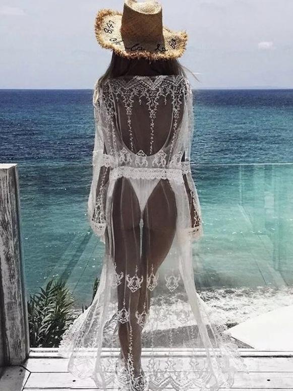 New Mesh Embroidered Lace Beach Bikini Cover Up