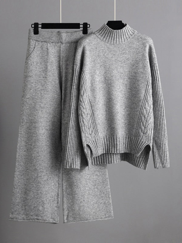 Urban High-Low Wide Leg Split-Side Solid Color Half Turtleneck Sweater Tops Pants Two Pieces Set