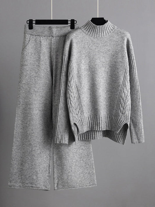 Urban High-Low Wide Leg Split-Side Solid Color Half Turtleneck Sweater Tops Pants Two Pieces Set
