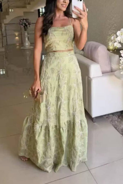Fashion Sexy Suspender Top Elastic Waist Long Skirt Set