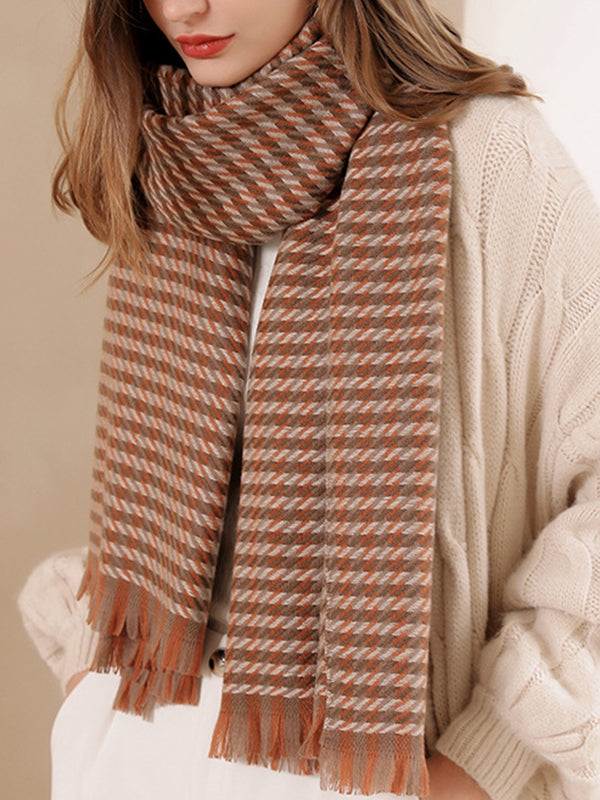 Fringed Houndstooth Keep Warm Shawl&Scarf