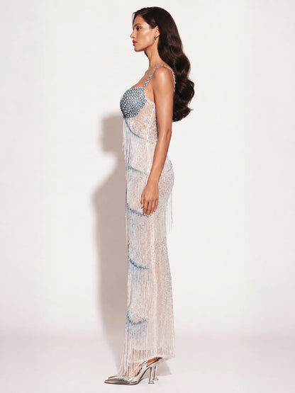 Grace Beaded Bustier Fringe Maxi Dress