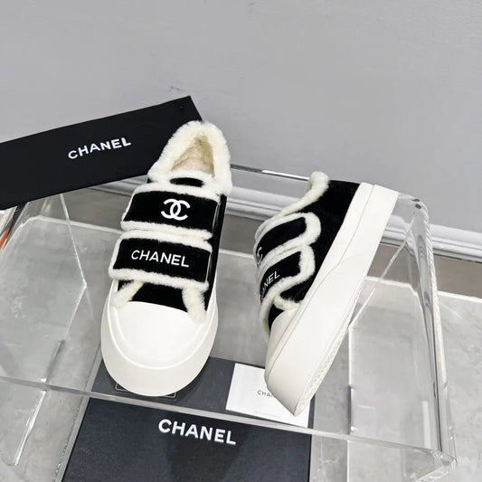 CC Sneaker Thick-Soled White Black Suede Wool Lining Fleece