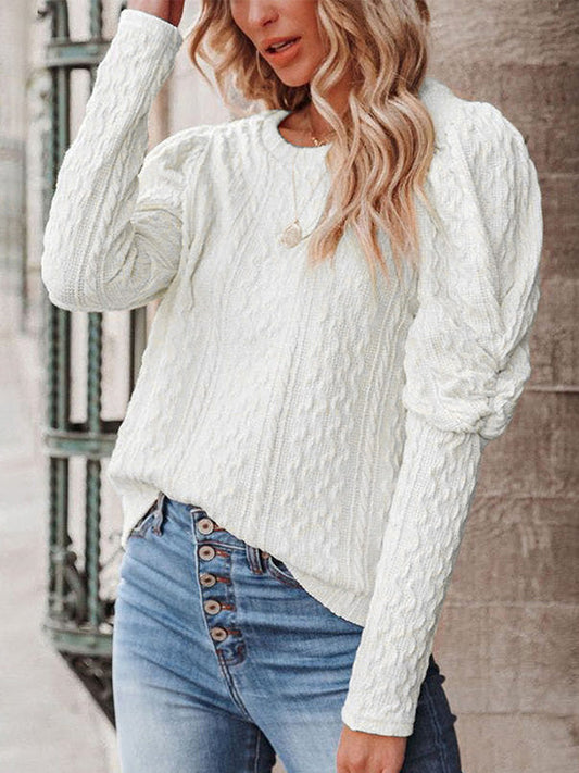 Casual Loose Long Sleeves Jacquard Solid Color Round-Neck Sweater Tops