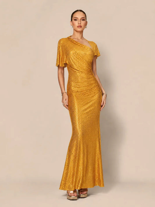 Annalise Chic Contour Asymmetric Ruched Crystal Knit Yellow Maxi Dress
