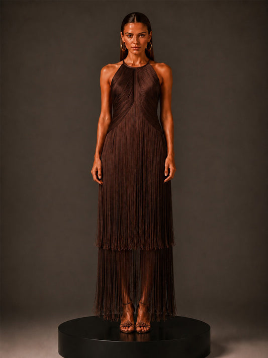 Camilla Sleeveless Bandage Midi Dress with Fringes In Coffee