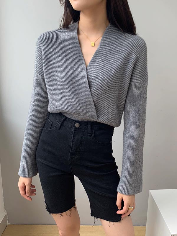Stylish 6 Colors Knitting V-Neck Asymmetric Sweater