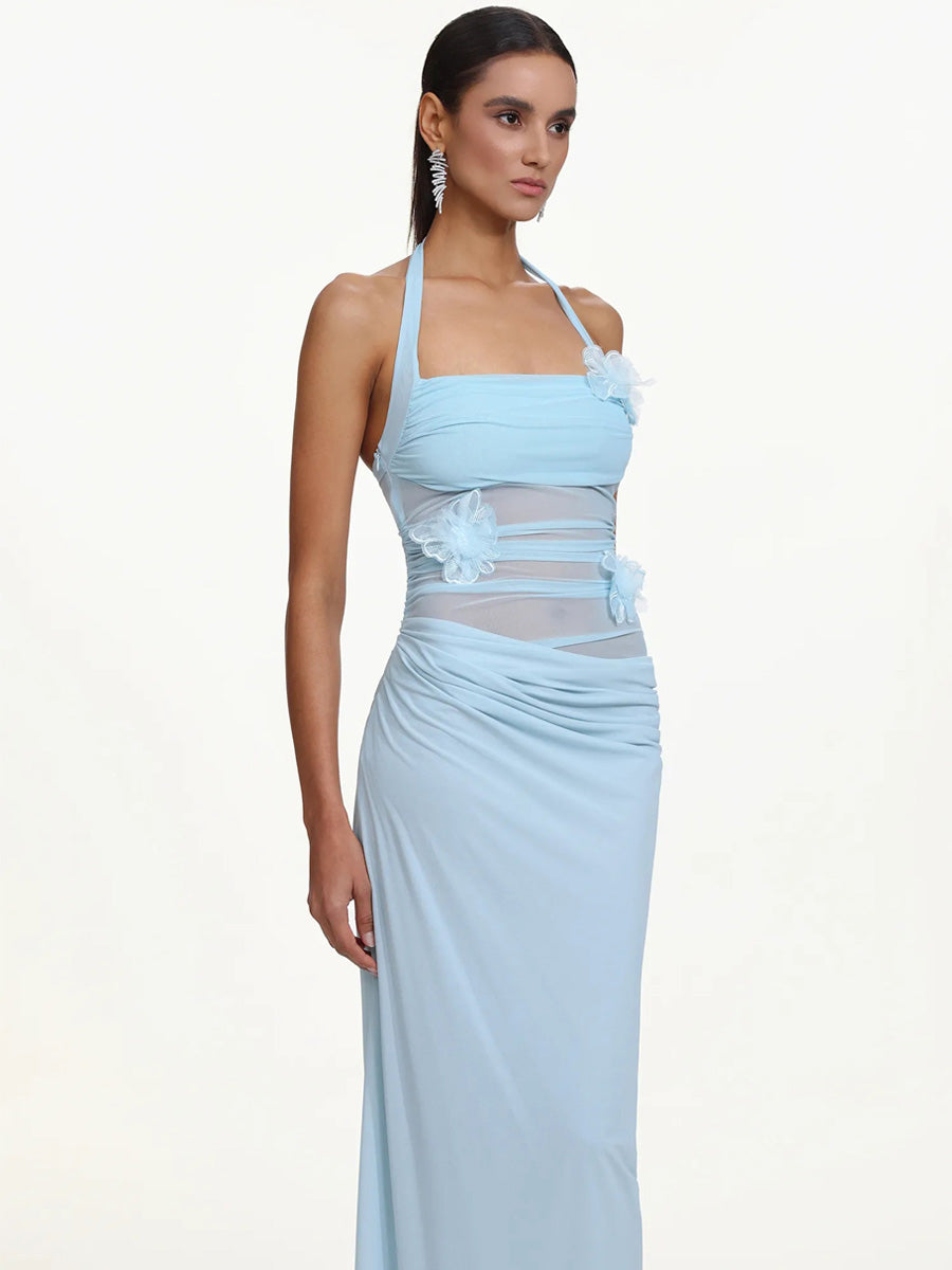 Cerys Romantic Contour Halter Ruched Floral Maxi Dress