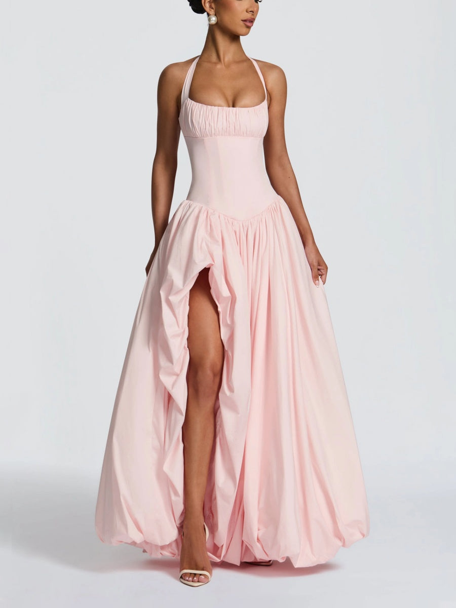 Aurora Halter Corset High-Slit Ball Gown In Pink