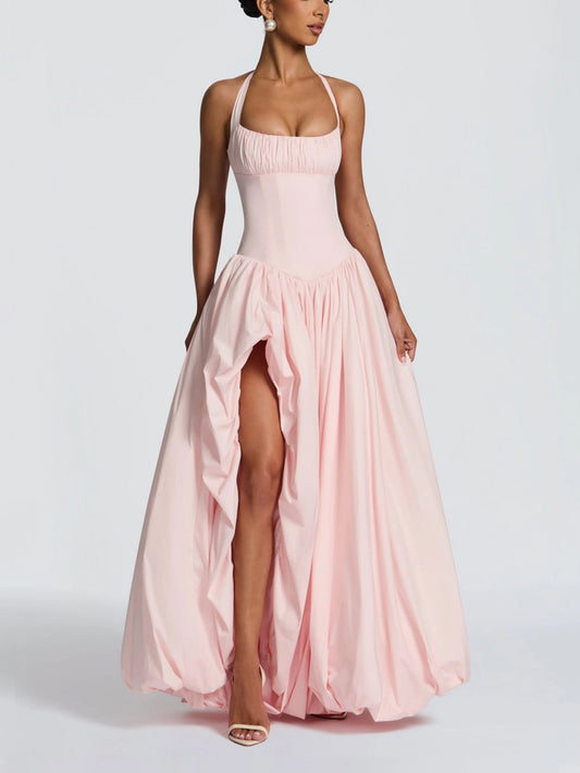 Aurora Halter Corset High-Slit Ball Gown In Pink