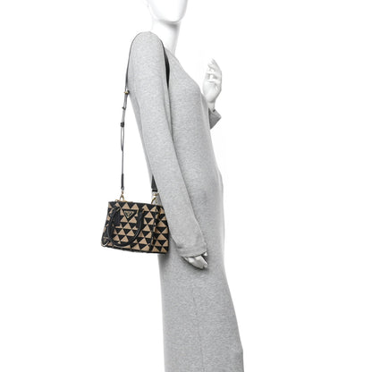 Jacquard Saffiano Triangolo Symbole Embroidered Mini Galleria Double Zip Tote Black Corda