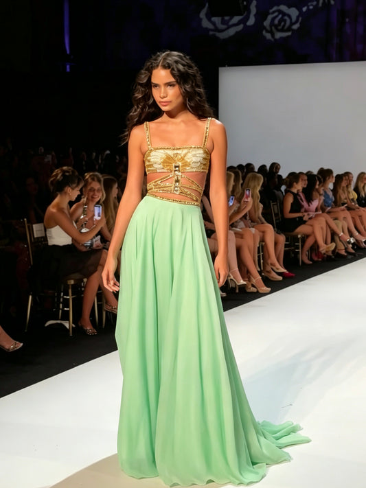 Kaisa Gold Beaded Chiffon Two Piece In Mint Green