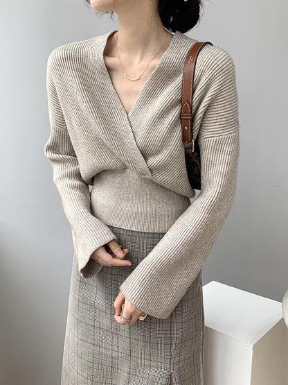 Stylish 6 Colors Knitting V-Neck Asymmetric Sweater