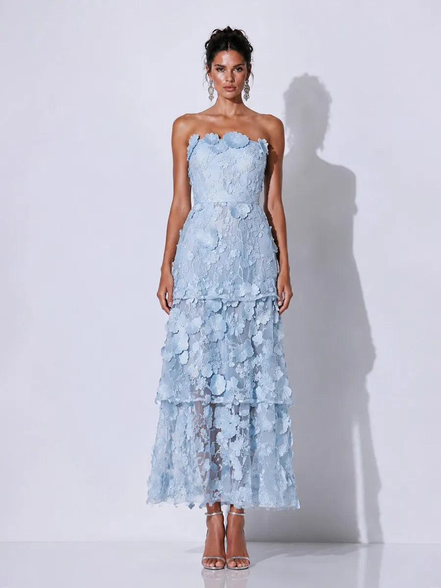 Gabriela Embroidered Appliqué Ruffled Strapless Midi Dress