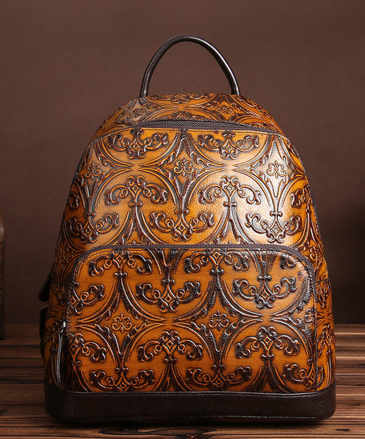 Unique Yellow Embossed Large Capacity Calf Leather Backpack Bag