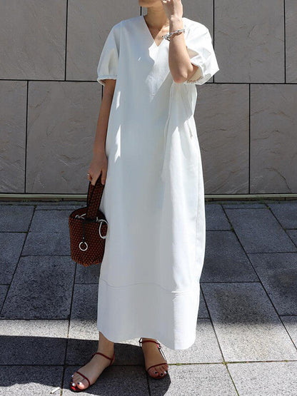 Loose Short Sleeves Solid Color Split-Joint V-Neck Maxi Dresses