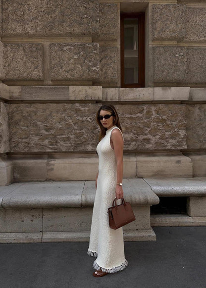 Sleeveless Knit Maxi Dress With Fringe Hem