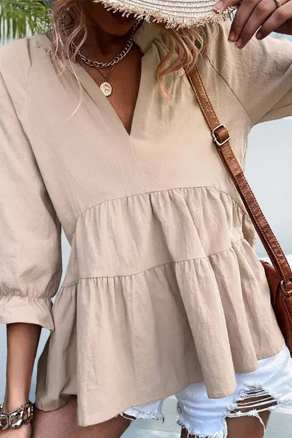 V-neck Casual Loose Solid Color Long-sleeved Blouse