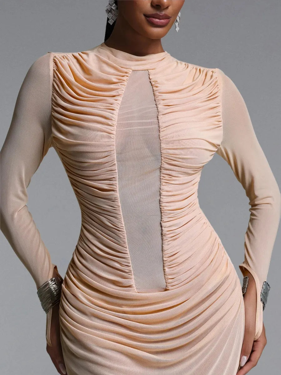 Naomi Ruched Mesh Long-Sleeve Maxi Dress