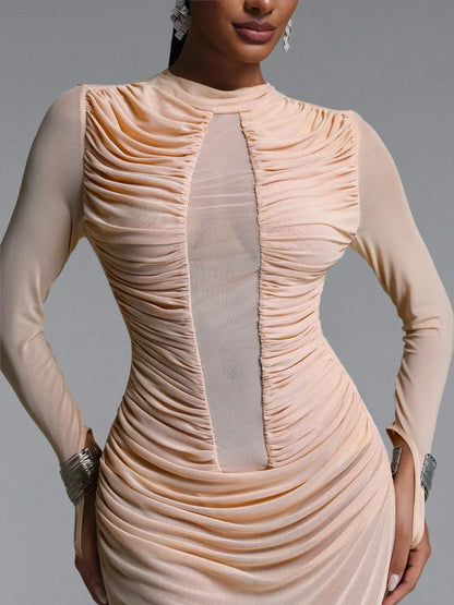 Naomi Ruched Mesh Long-Sleeve Maxi Dress