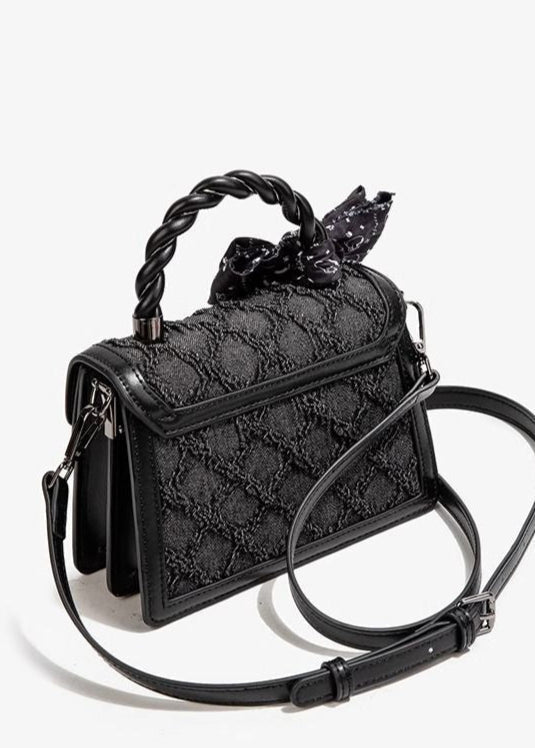 Textured Faux Leather Mini Handbag With Printed Bow