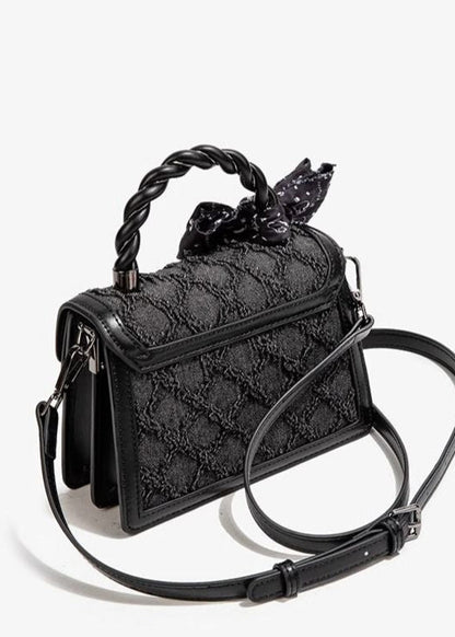 Textured Faux Leather Mini Handbag With Printed Bow