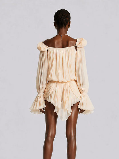 Zoe Neutrals Pleated Ruffled Mini Dress