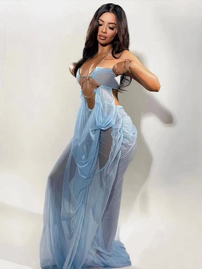 Coralie Sheer Crystal Detail Maxi Dress