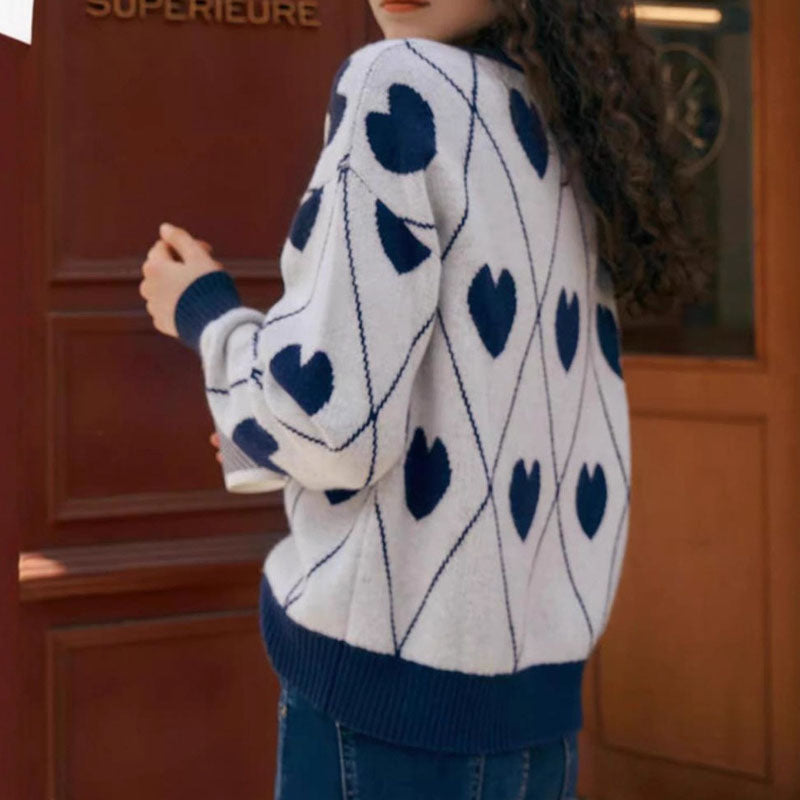 Sweet Heart Jacquard Crew Neck Knit Sweater