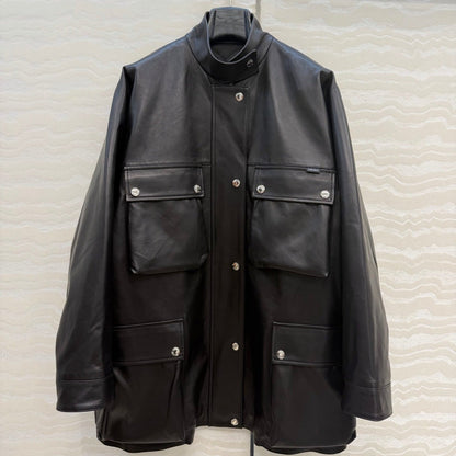 Prada 26S Biker Jacket Long Black Leather Lambskin 341245