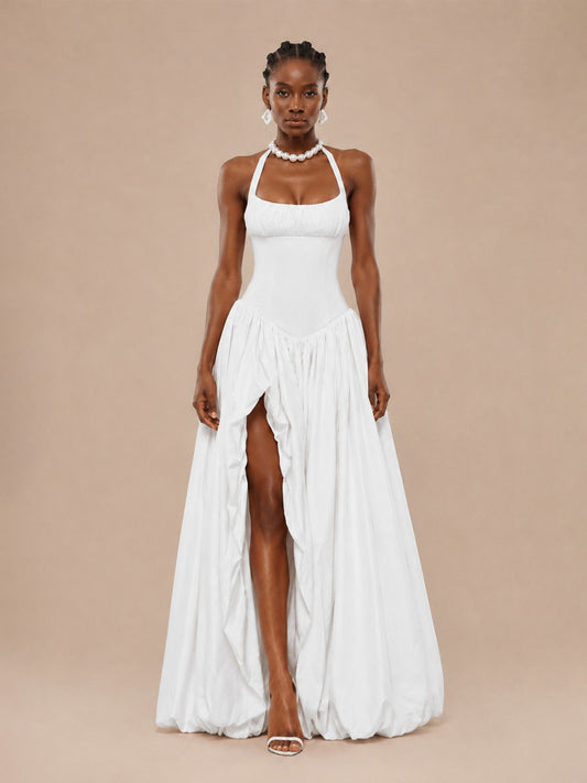 Shayla Halter-neck Ruffled Maxi Dress with Slit